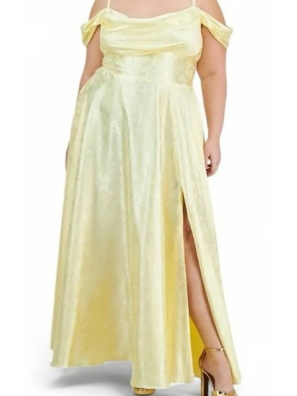 B Darlin Yellow Floral Jacquard Dress Womens 14W Fit Flare Off Shoulder Formal